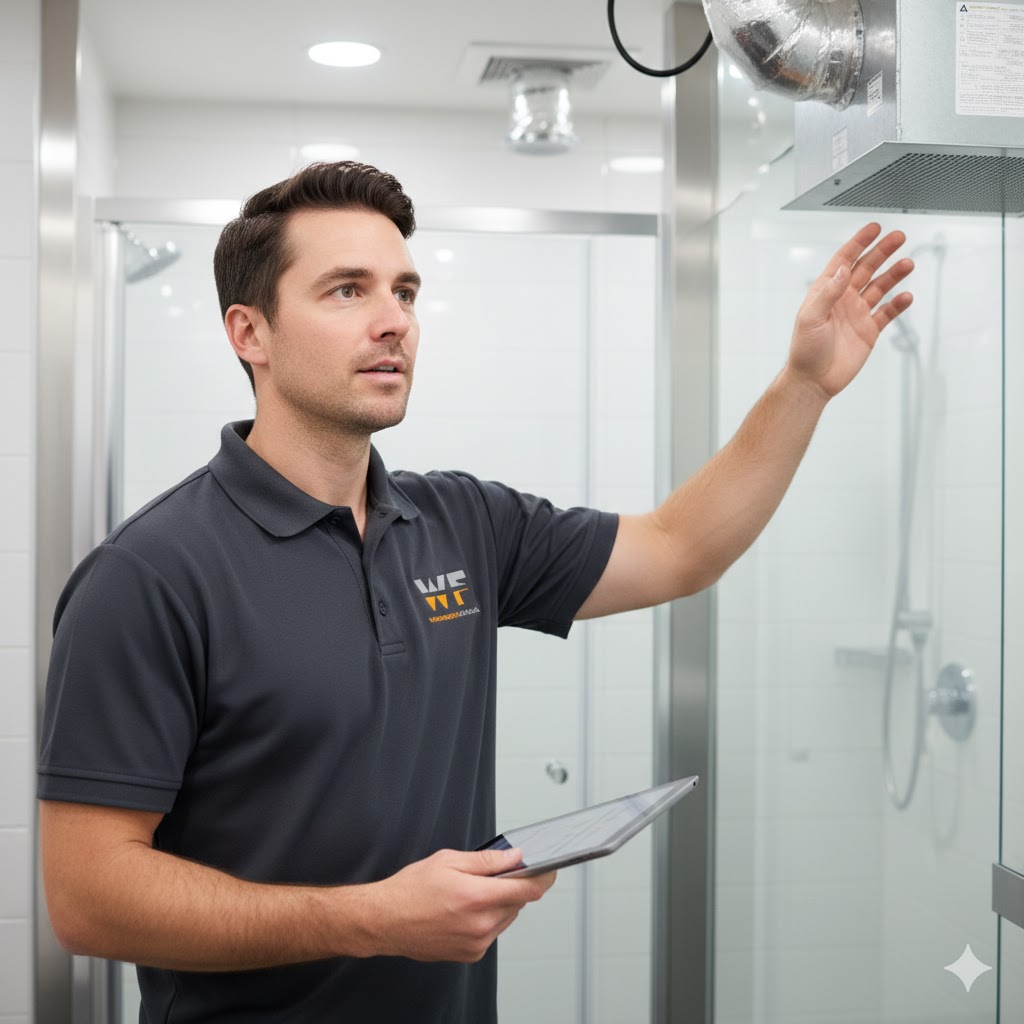 WashroomFans.ca professional technician inspecting bathroom ventilation